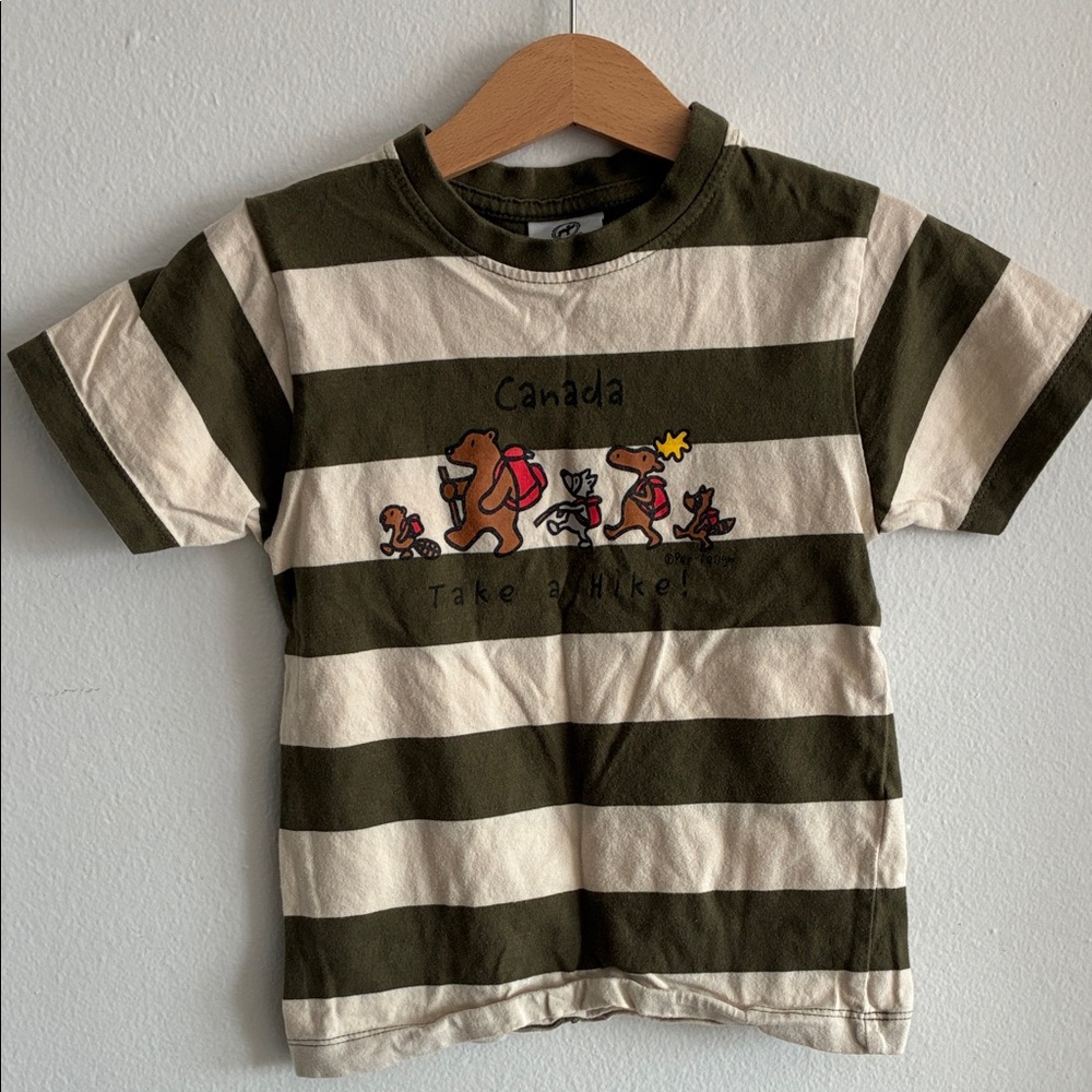 Kids Olive and Cream Striped Tee with Hiking Bear Graphic